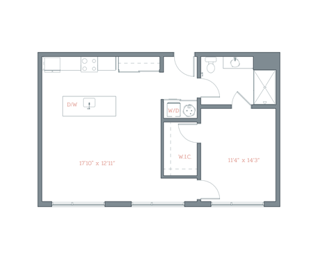 Floor plan for 1 bed, 1 bath, 830 sqft